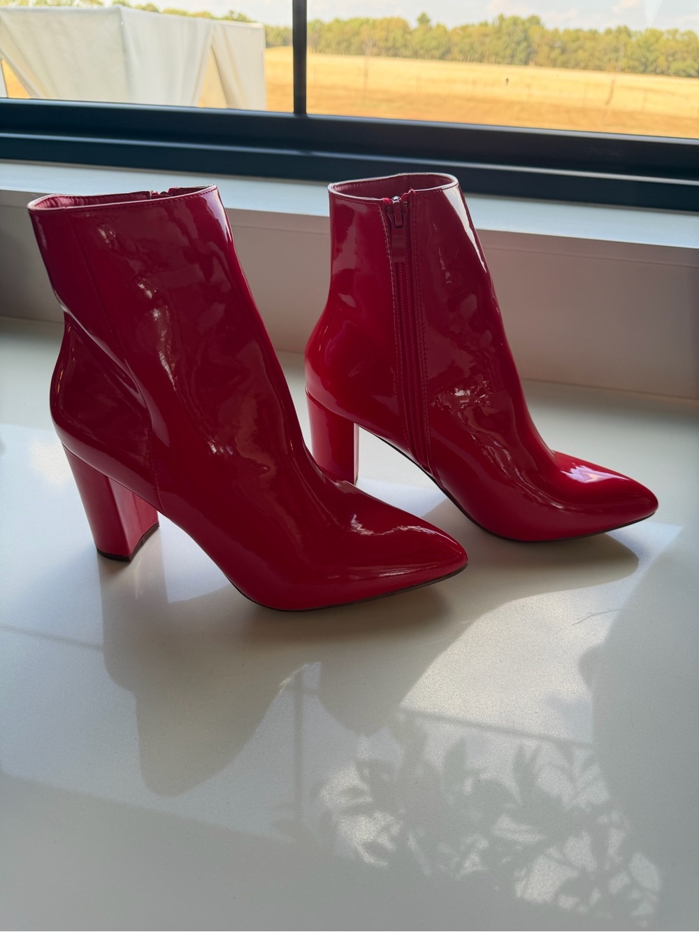 Women's Red Patent Leather Ankle Boots - Stylish Block Heel